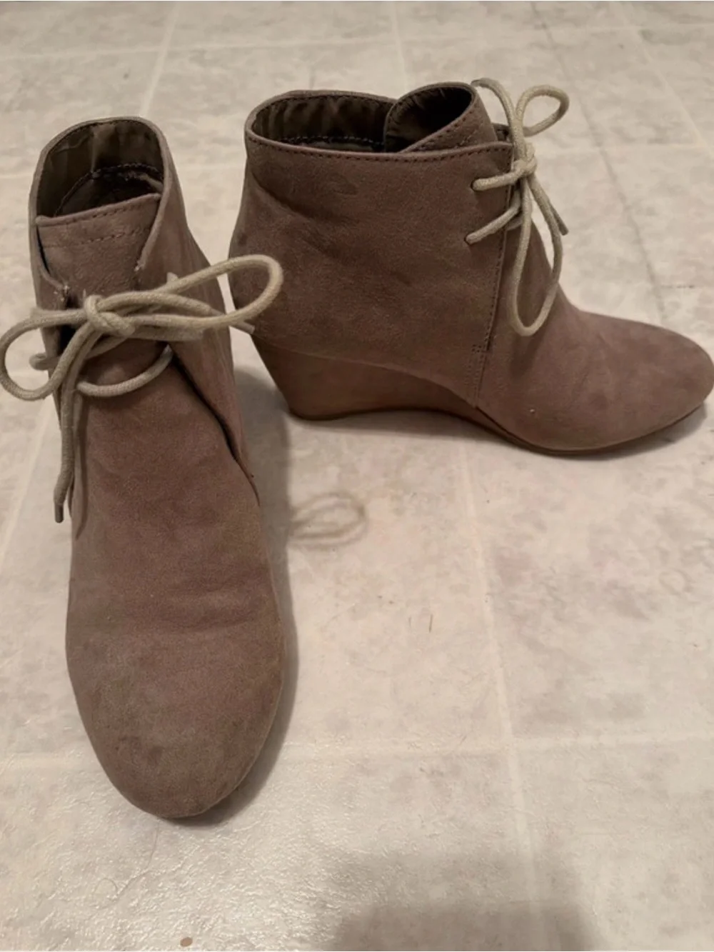 new directions Taupe Suede Lace-Up Ankle Wedge Booties
